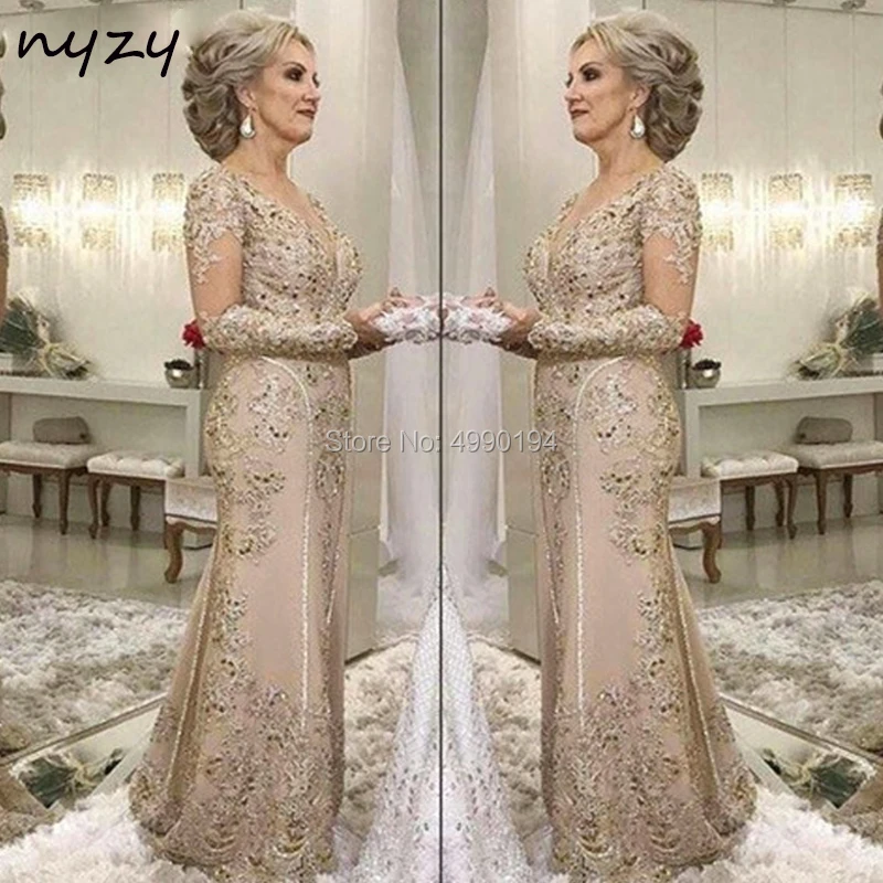 NYZY M25 Mother Of the Bride Dresses Elegant 2019 Lace Beaded Long Sleeve Groom Mother Evening Gowns Wedding Party Guest