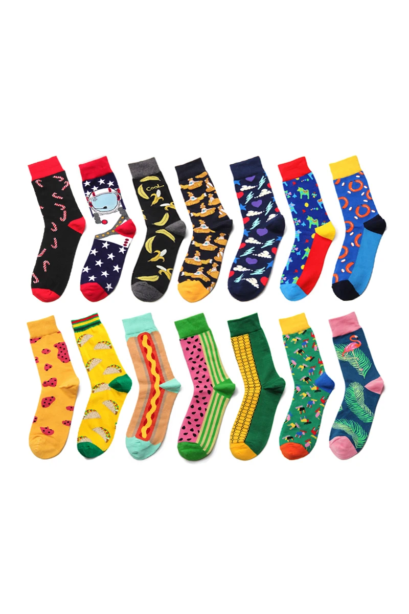 Men Socks Korea Cartoon Colorful Happy Hip Hop Skate Harajuku Funny Street Style Fashion Dress Cotton Sock Yellow Green