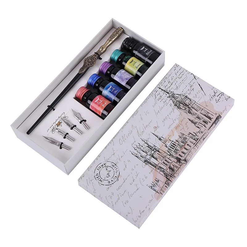 

wooden Dip Pen With 5 Coor Ink Gift Box Set, Calligraphy Pen