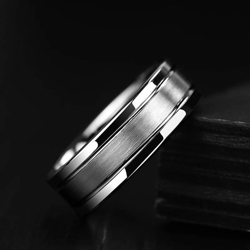 Casual 7mm Width Man\'s Fashion Rings White Tungsten Carbide Ring Brushed the Surface Two Grooving For Man Size 7-12 Comfort Fit