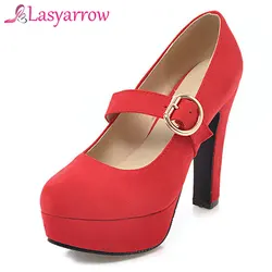 Lasyarrow duży rozmiar 32-43 Super wysokie grube obcasy buty wiosna jesień pompy klamra pasek Retro okrągły Toe pompy buty ślubne kobiety