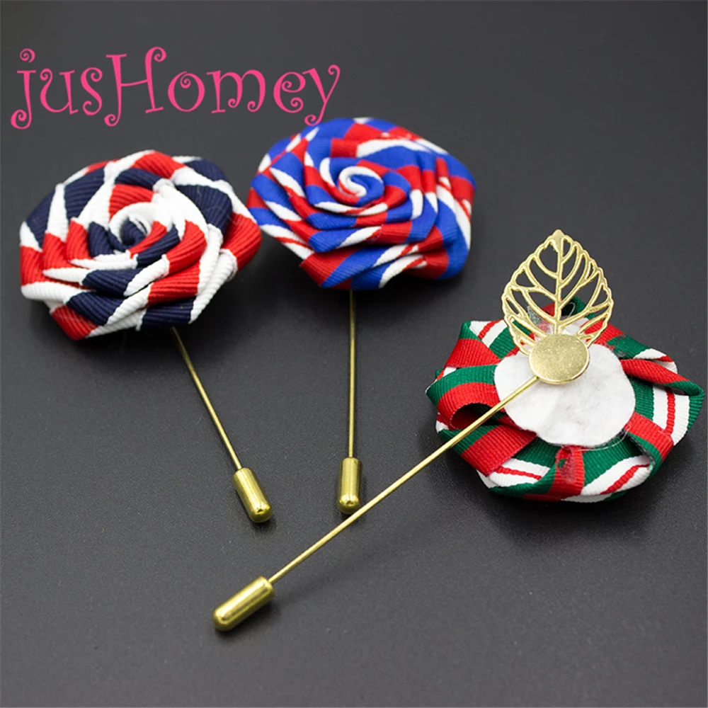 12PCS Striped Grosgrain Ribbon Rose Flower Lapel Pins Men Suit Boutonniere Wedding Groomsman Flower Brooch Pin