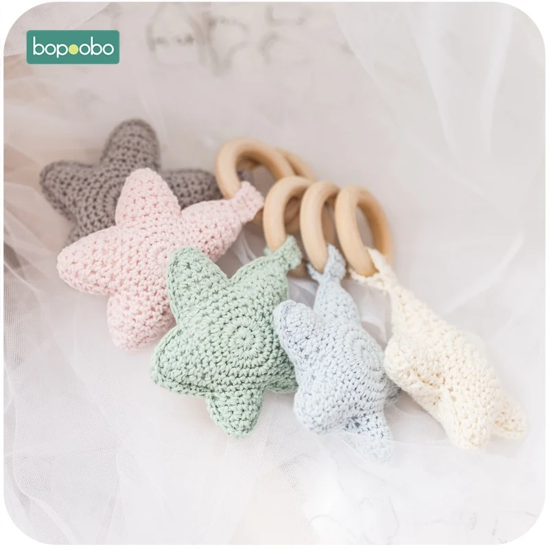 Bopoobo 0-12 mesi anello stella giocattolo neonato giocattolo ecologico Montessori braccialetti massaggiagengive in legno Baby Soft BPA denti pendenti gratuiti