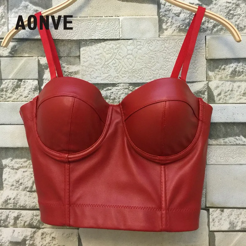 

Aonve Women Summer Sexy Top PU Leather Festival Clothing Tops Bralette Cropped Top Female Punk Goth Clubwear Black Red Plus Size