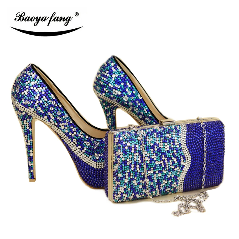 

Royal Blue rhinestone Womens wedding shoes with matching bags Mix crystal Bride shoes and purse Platform shoes woman Pumps