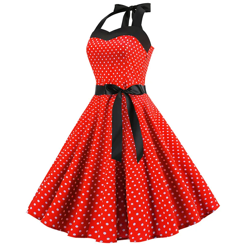 Sexy Retro Red Polka Dot Dress Audrey Hepburn Vintage Halter Dress 50s 60s Gothic Pin Up Rockabilly Dress  Robe