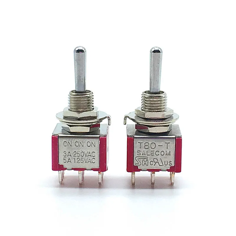 2pcs Mini Latching/Reset Toggle Switch T80-T ON ON/ON OFF ON 6 pins DPDT 2/3 Position  3A/250V 5A/125V 6mm