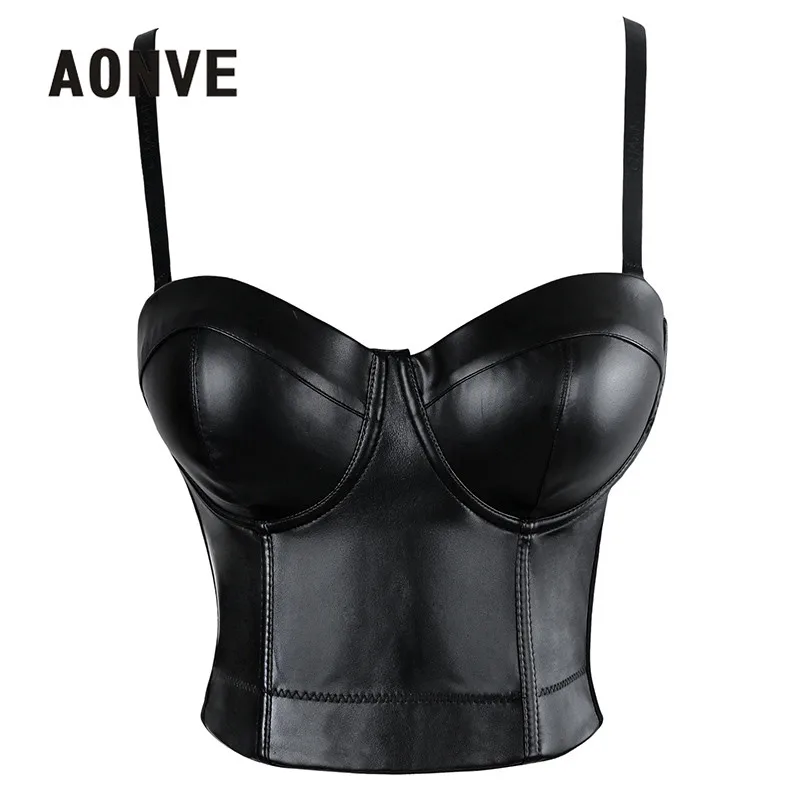 Aonve Women Summer Sexy Top PU Leather Festival Clothing Tops Bralette Cropped Top Female Punk Goth Clubwear Black Red Plus Size