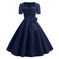 Women Square Collar Elegant Vintage Summer Dress Short Sleeve Midi Dress Robe Femme Casual Office Party Dress - Image 4
