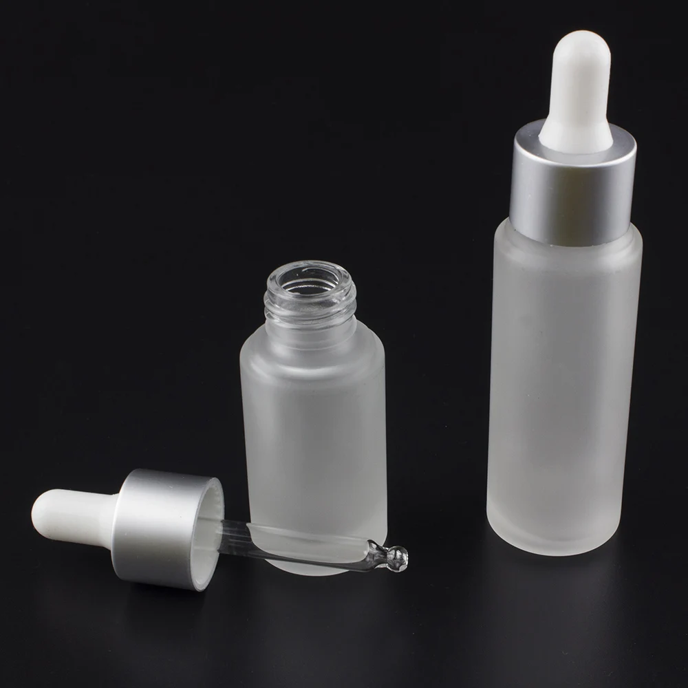 

100pcs 20ml frosted bottle essential oil with dropper and matte silver collar, empty cosmetic dropper glass containers