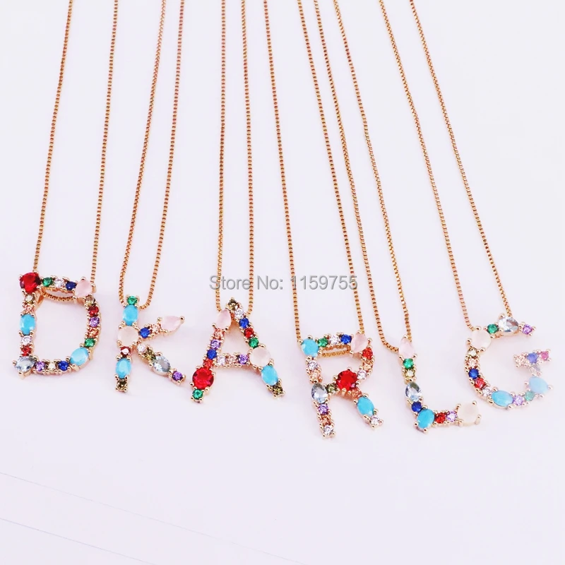 New Fashion 5Pcs Gold Color Crystal Cubic Zirconia Micro Pave and Gems 26 Letter Pendants Charm Necklaces