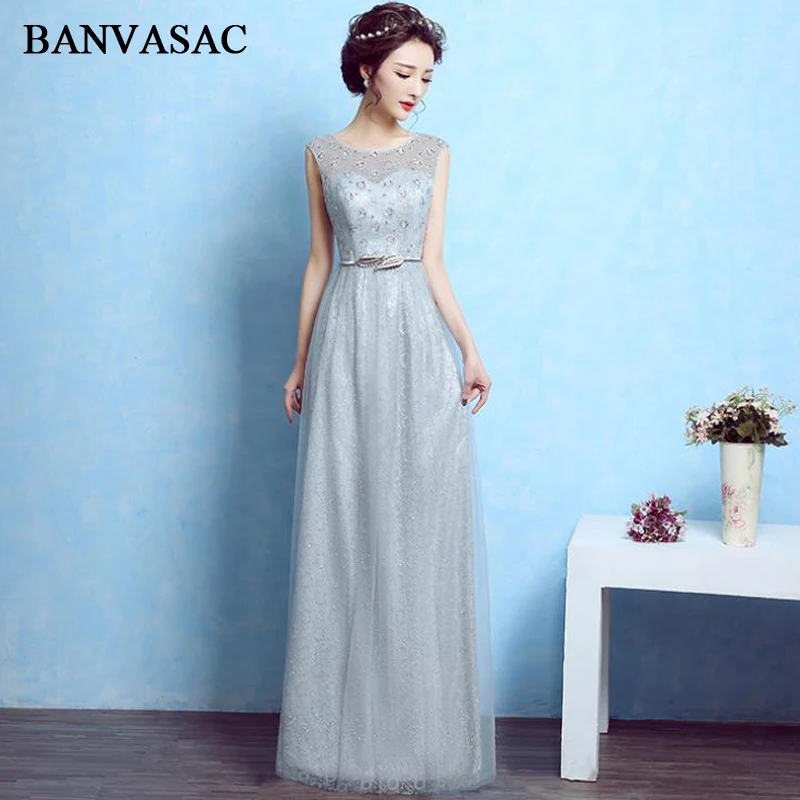 

BANVASAC Luxury Beading O Neck Lace A Line Long Evening Dresses Party Metal Leaf Sash Illusion Zipper Back Prom Gowns