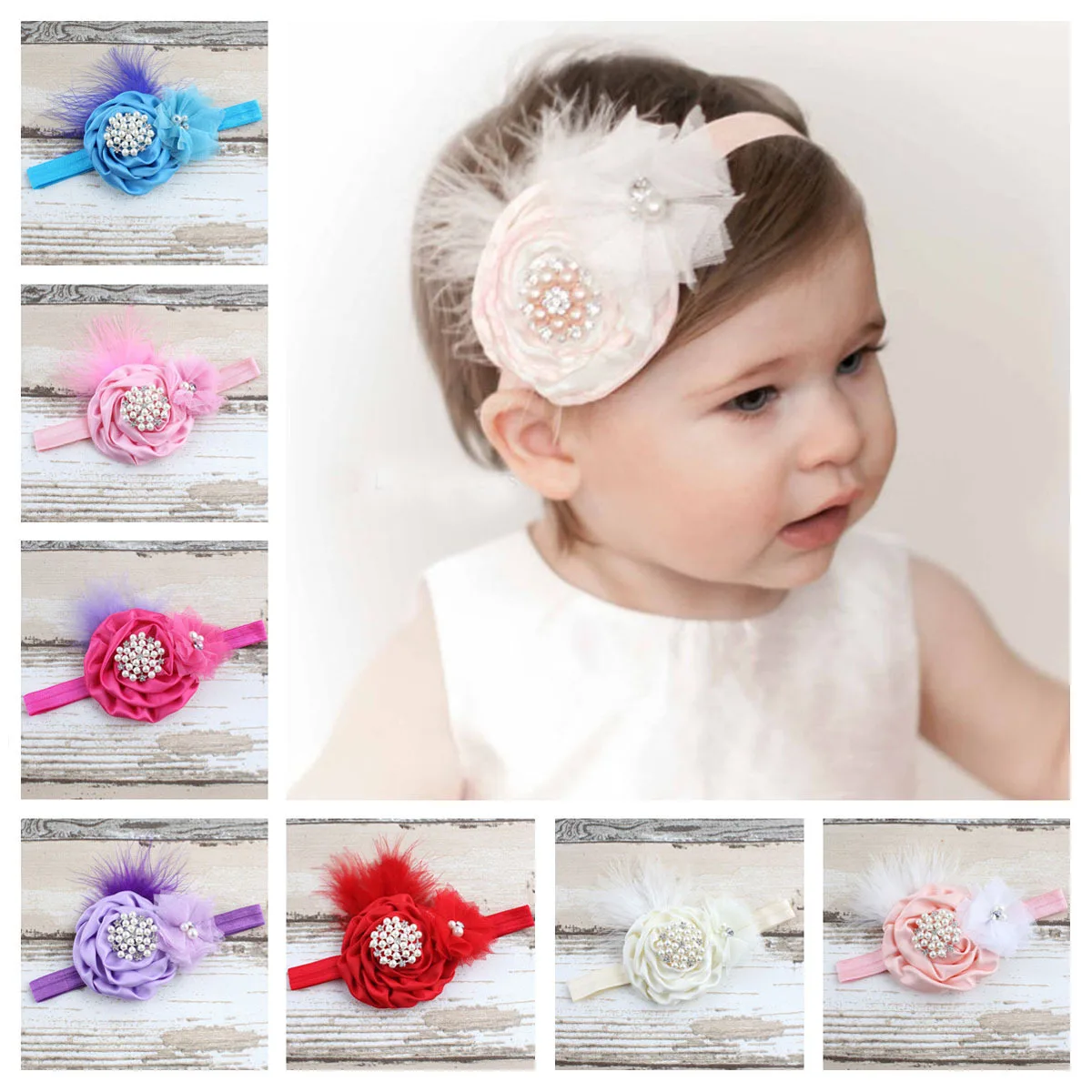 baby headband girls newborn cute feathers elastic hair band baby newborn Pearl Flower Headband girls Children hair accessories