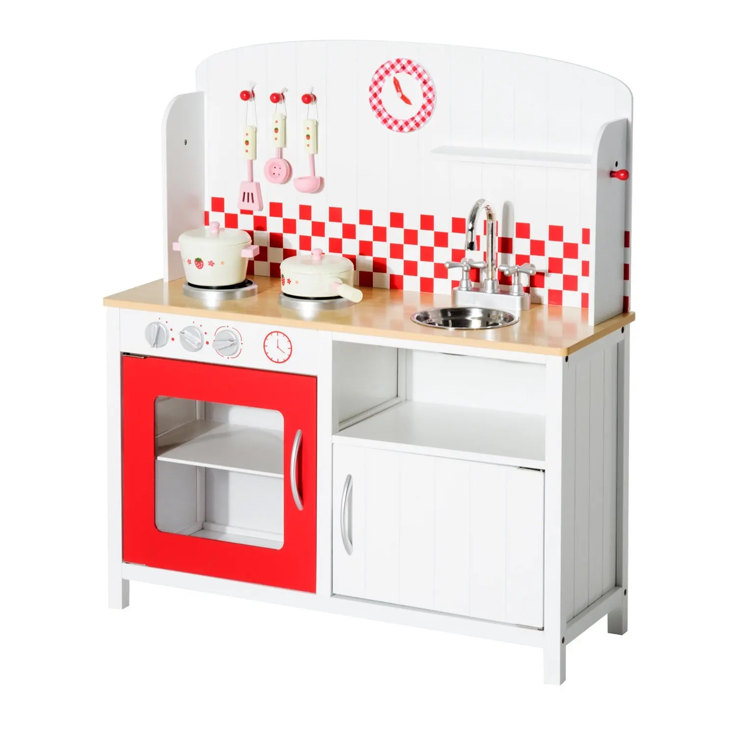 HOMCOM Cocina de Juguete Grande de Madera tipo Juego de Imitacion con Accesorios para Ninos +3 Anos 70x30x88cm