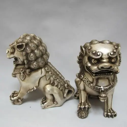 

Rare Chinese Silver Carved Guardian Lion Foo Fu Dog Statue A Pair 12cm High