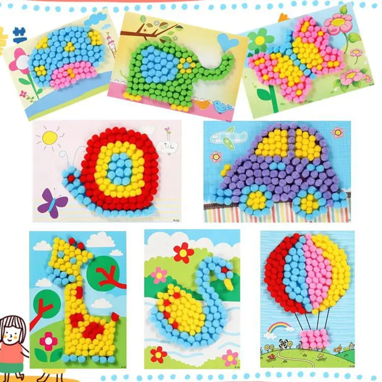 2 Pcs/Set Kids Plush Ball Painting Stickers Creative DIY Handmade Material Educational Toys Children Cartoon Puzzles Crafts Toy