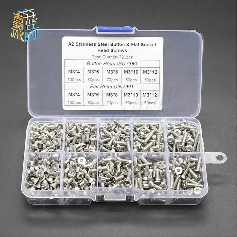 High quality 720pcs M3 A2 SS Button Flat Head Allen Bolts Countersunk Flat Cross Head Screw Bolt Set