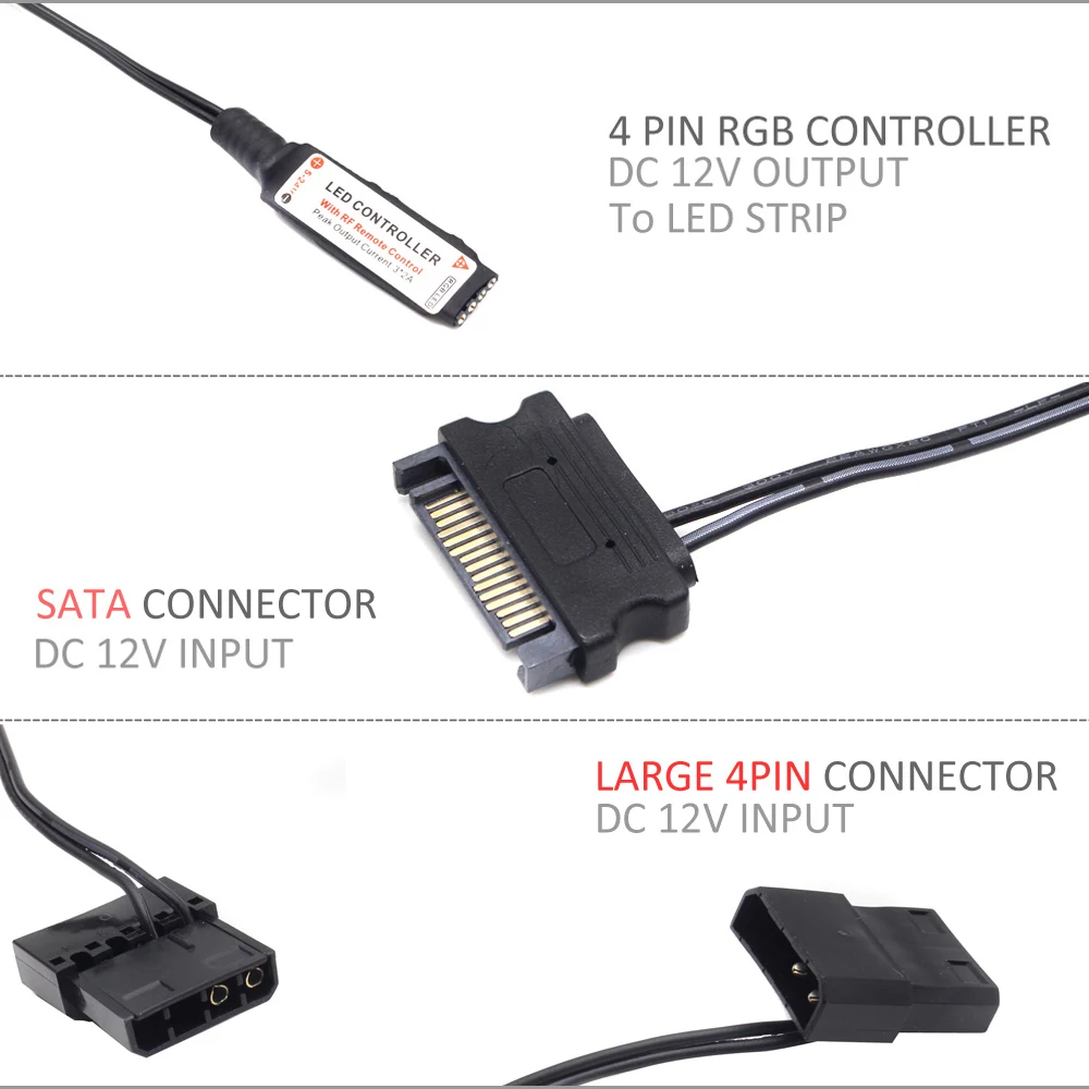 Imagem -02 - Sata Rgb Led Strip Computer Case 5050 Led Stripe pc Case Led 12v Interface rf Remoto sem Fio 1m 2m Fita Rgb para Computador