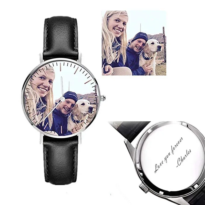 Amxiu Customized Picture Watch Stainless Steel Leather Watches Personalized Watch with Photo and Name Quartz Watch for Lovers