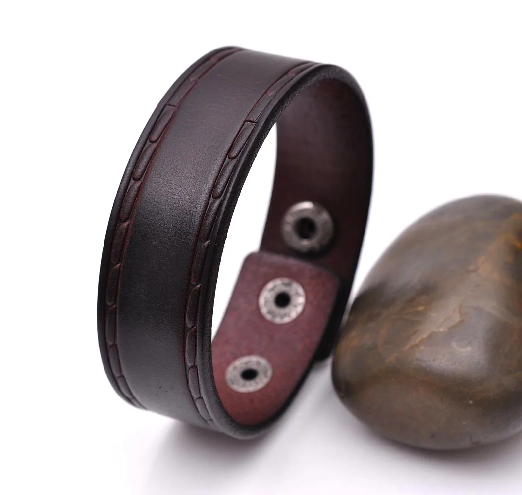 Retro Embossing Cool Genuine Leather Bracelet Wrap Cuff Wristband Strap Brown