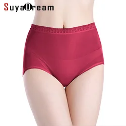 SuyaDream Woman Panties 100% Natural silk High rise Underwear Lace Waist Seamless Healthy Panties Everyday Wear Briefs for Women