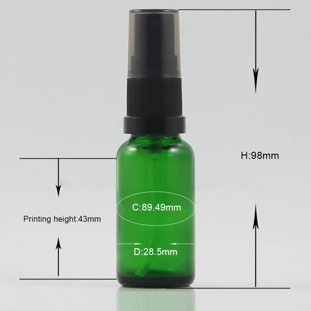 Wholesale glass bottles 20ml green bottle, mini travel refillable perfume atomizer with black pump