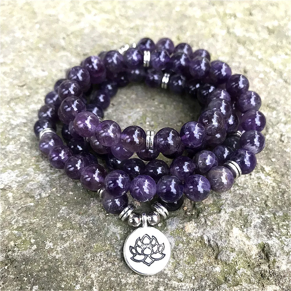 8mm Natural Beads Amethysts 108 Mala Bracelet or Necklace OM Lotus Charm Yoga Bracelet Handmade Jewelry Purple