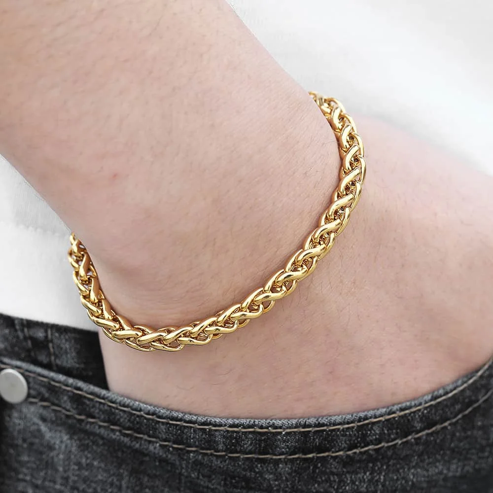 Women\'s Men\'s Bracelets Stainless Steel Bracelet Gold Color Wheat Link Chain Bracelet Jewelry Wholesale 7-11inch KBM138