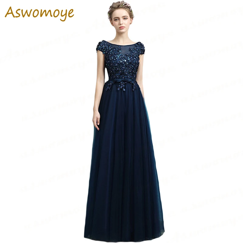 

2019 New Evening Dress Illusion O-neck Appliques Beaded Prom Party Dress a Line Navy Blue Banquet Dresses Special Occasion Dress