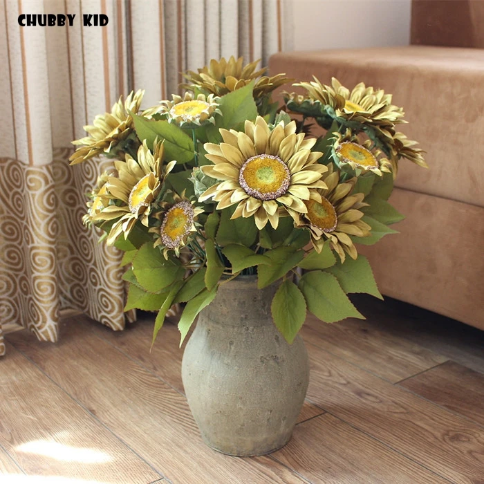 1 bouquet ! high quality vintage artificial Sunflower oil painting fake helianthus flower wedding decorative silk flower bouquet