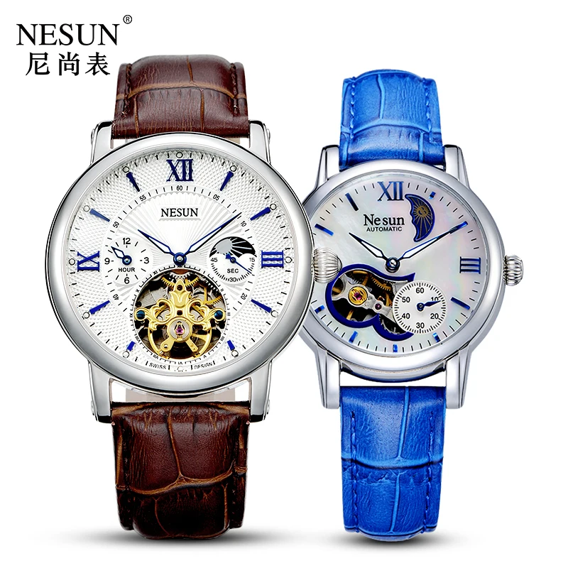 New Switzerland NESUN Luxury Brand Automatic Mechanical Men & Women Watches Sapphire Skeleton Moon Phase Couple\'s Clock N9091-L