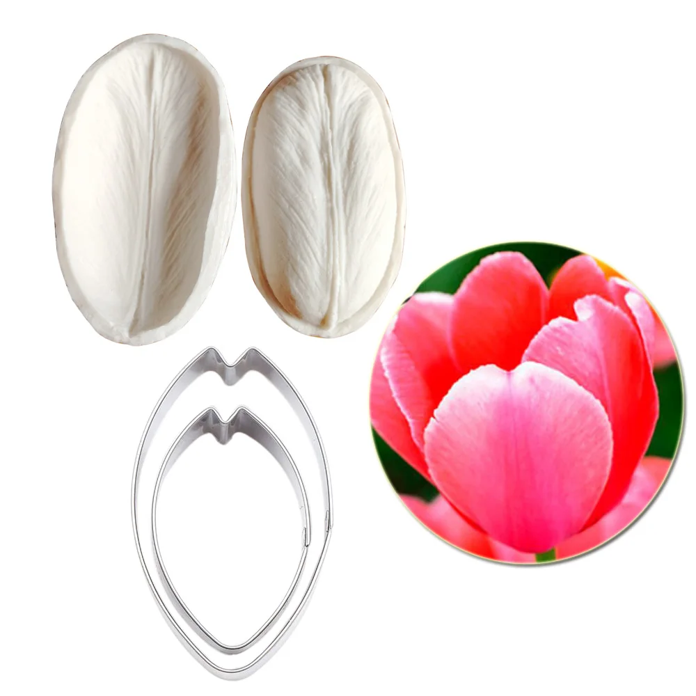 New 2pcs Tulip Leaves Veiner & Cutter Silicone Mold Fondant Mould Cake Decorating Tools Clay Gumpaste Flower Molds CS267