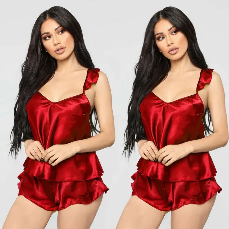 Women Satin Silk Lace Sleepwear Babydoll Lingerie Nightwear Shorts Pyjamas Set