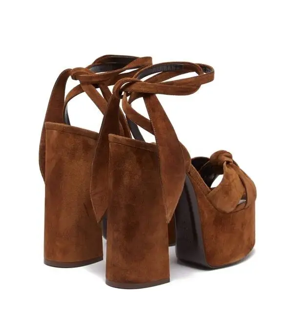 Black Suede Womens Square Heel Sandals Peep Toe Bow Knot Ankle Strap High Platform Wedding Shoes Bride Cut-out