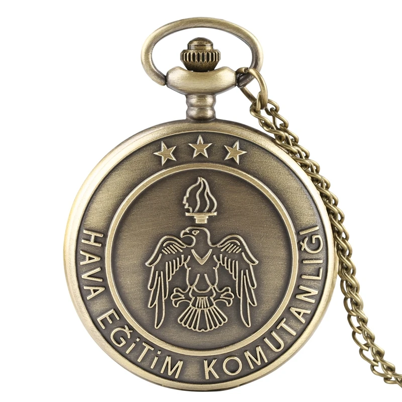 

Bronze Eagle Pattern Quartz Pocket Watch Men Turkish Air Force Training Command Clock Necklace Pendant Boys Gifts + 80cm Chain