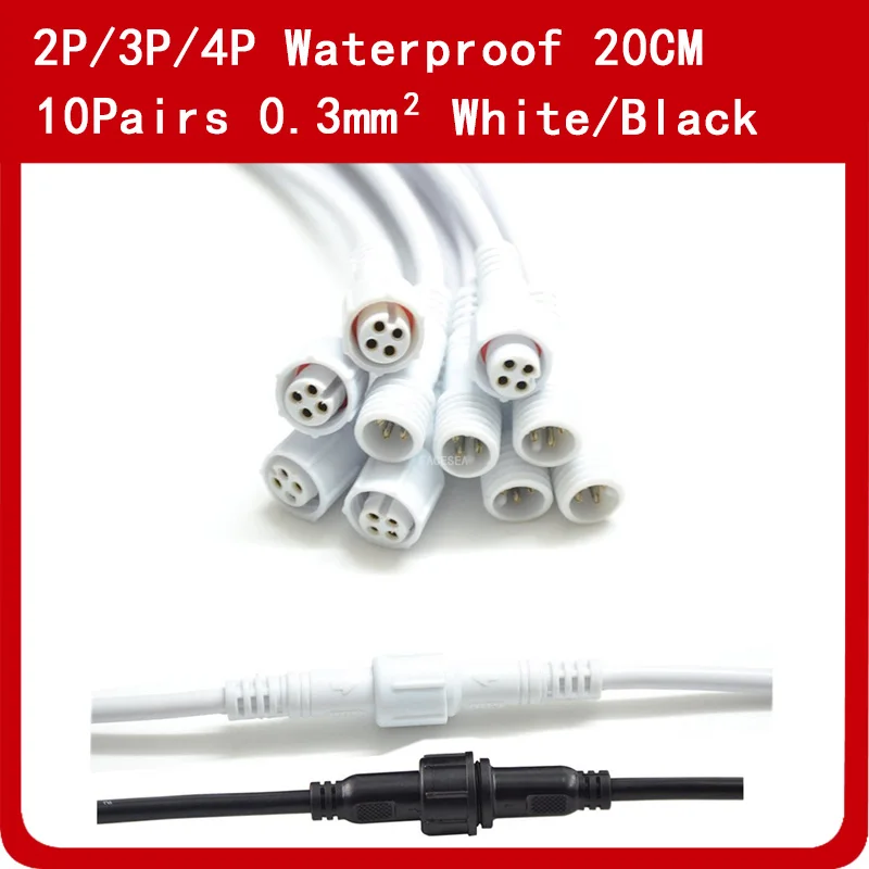 10 pairs/lot 2 Pin / 3 Pin / 4 Pin Waterproof Connector Cable With 0.3mm2 Wire Male & Female Plug For LED Strip Lights