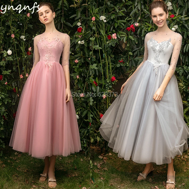 

YNQNFS B5 Illusion 3/4 Sleeves Tea Length Vintage Princess Bridesmaid Dresses Party Formal Graduation Dresses Vestido Curto