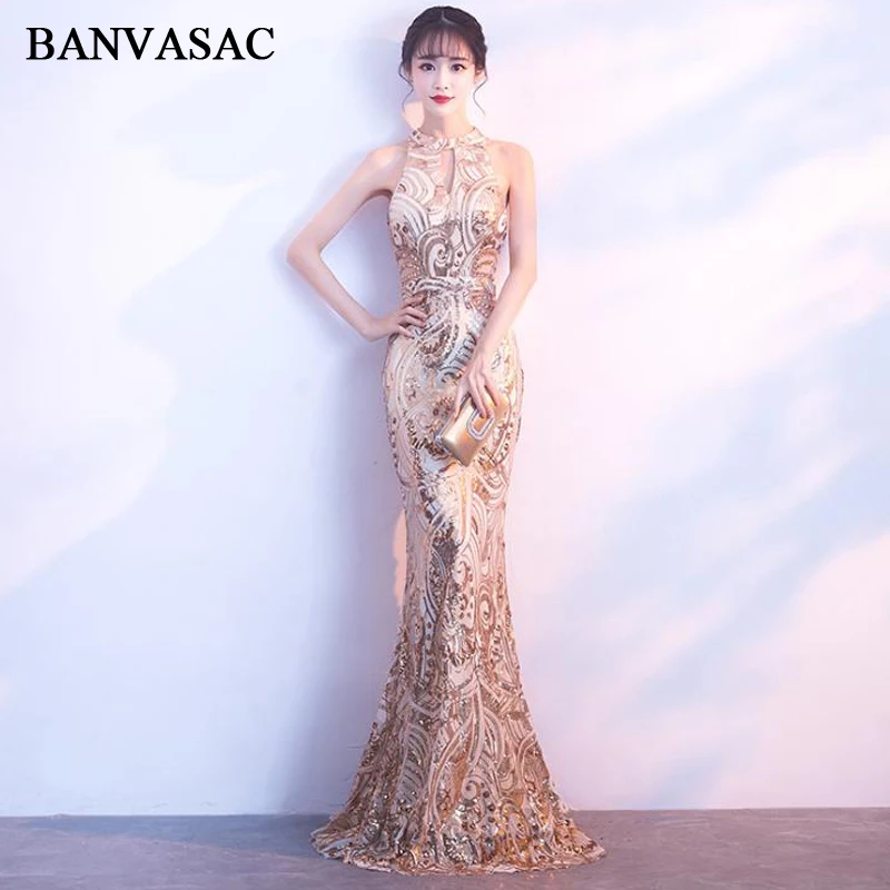 

BANVASAC Vintage Halter Sequined Mermaid Long Evening Dresses Lace Party Off The Shoulder Zipper Back Prom Gowns