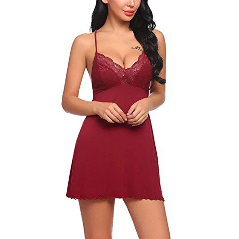 Summer V-Neck Lace Night Dress Babydoll Lingerie Sleepwear Women Nightdress Underwear Nightgown Plus Size Chemise De Nuit