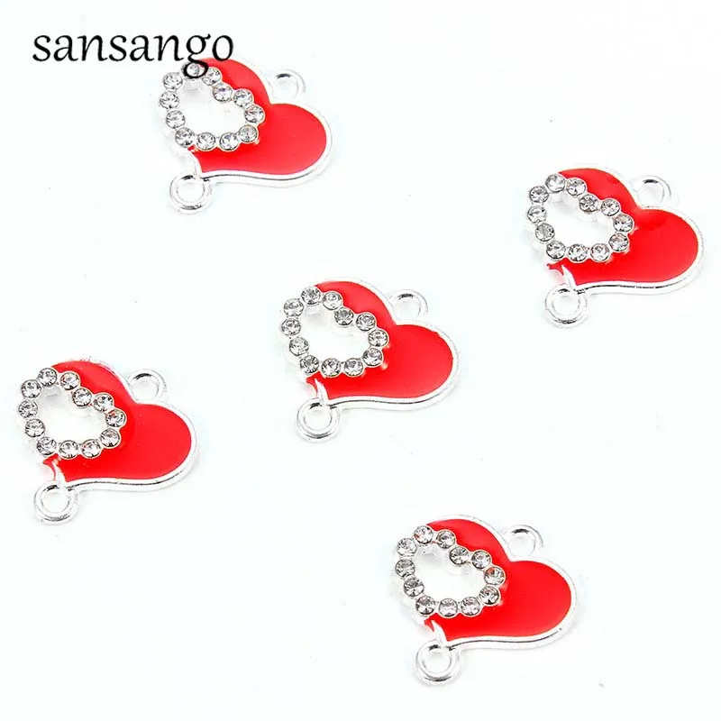 10pcs Red Enamel Love Heart Pendant  Charms Connector DIY Crystal Bracelet Necklace Earrings For Women Jewelry Making Finding