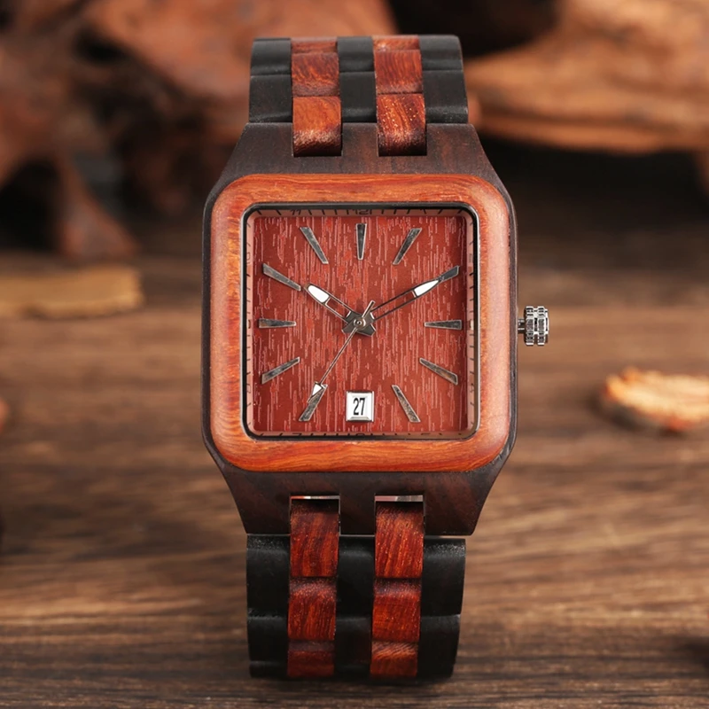 

Red Sandalwood Wood Watch Mens Unique Rectangle Dial Light Clock Man Full Natural Woody Bracelet Calendar Date Quartz Wristwatch