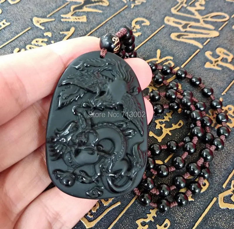 Nature Mexico obsidian Amulet Dragon Phoenix Carven Pendant Bead Mala Necklace Talisman