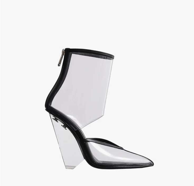 Sexy Ladies Clear PVC Patchwork Spike Heels Ankle Boots Female Pointed Toe Instep Cut Out Gladiator Boots Mujer Zapatos Bottine