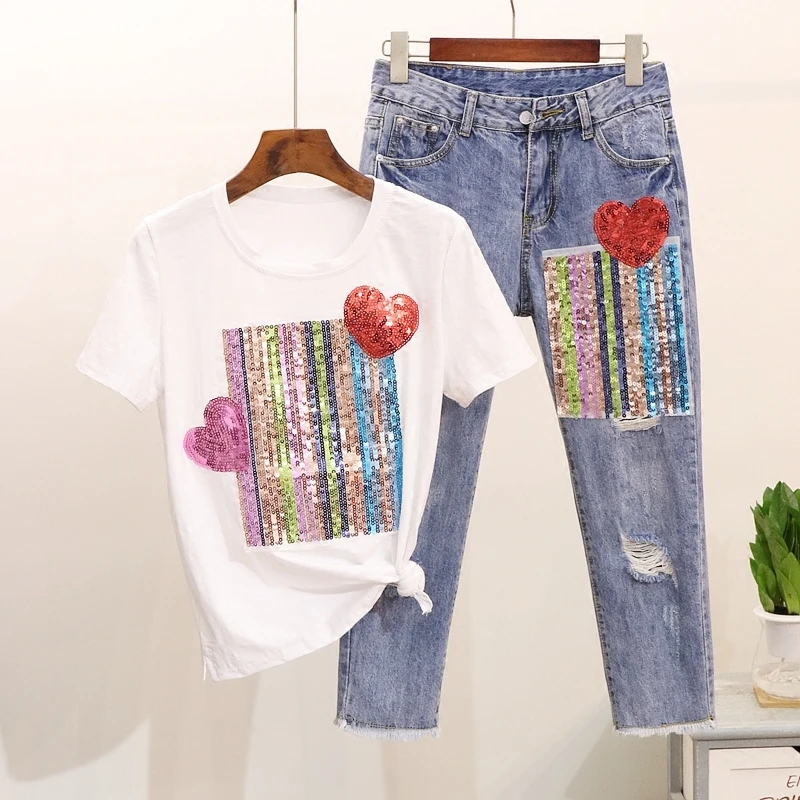 Women Summer Sequined Heart T-shirts Denim Pants Sets Cotton Tshirt + Ankle-length Pants Hole Trousers 2 Piece Set Suits