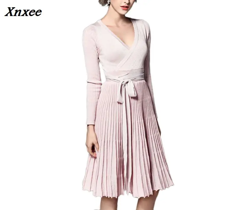 

women lurex knit fabric shiner cross V neck pleat Dress tunic fashion flare hem autumn winter lady femme vestido 2018 new arrive