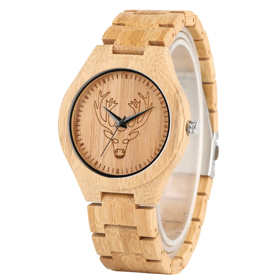 

New 2019 Engraved Wood Men's Watch Elk Head Display Simple Wooden Bangle Quartz Timepiece Mens Wristwatch reloj de madera