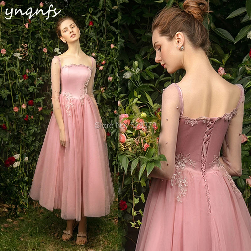 YNQNFS B6 Princess 3/4 Sleeves Tea Length Vintage Bridesmaid Dresses Party Formal Guest Wear Graduation Dresses Vestido Curto