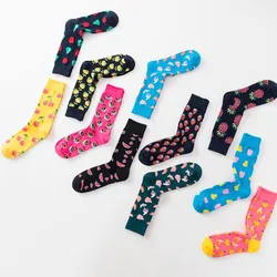 Men Socks Cartoon Cherry Lemon Apple Banana Fruits Funny Happy Personality Skate Harajuku Casual Hip Hop Street Cotton Socks