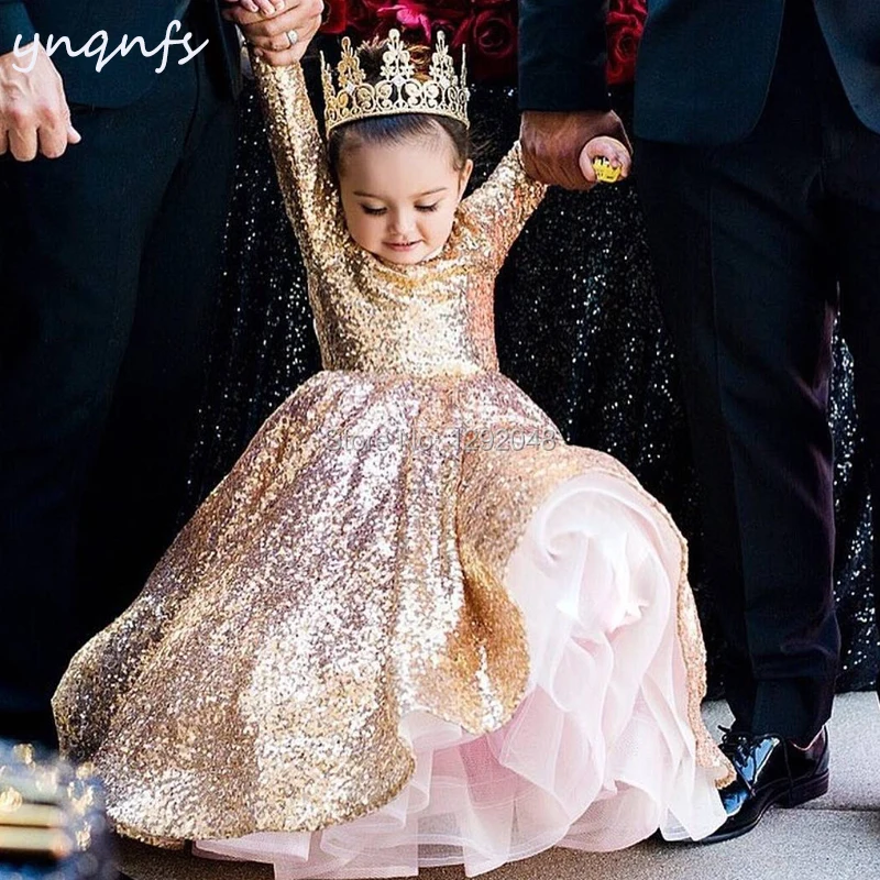 YNQNFS G3-Vestidos dorados de flores para niña, de manga larga, lentejuelas brillantes, para baile, cumpleaños, fiesta de noche, vestidos de primera comunión