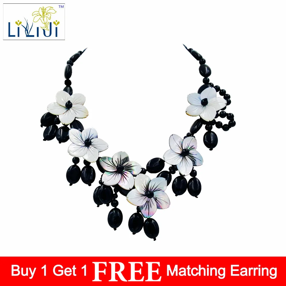 Lii Ji Real Stone Black Statement Necklace Onyx Mother of Pearl Shell Flowers Jades Toggle Clasp Necklace Approx 46cm/18''